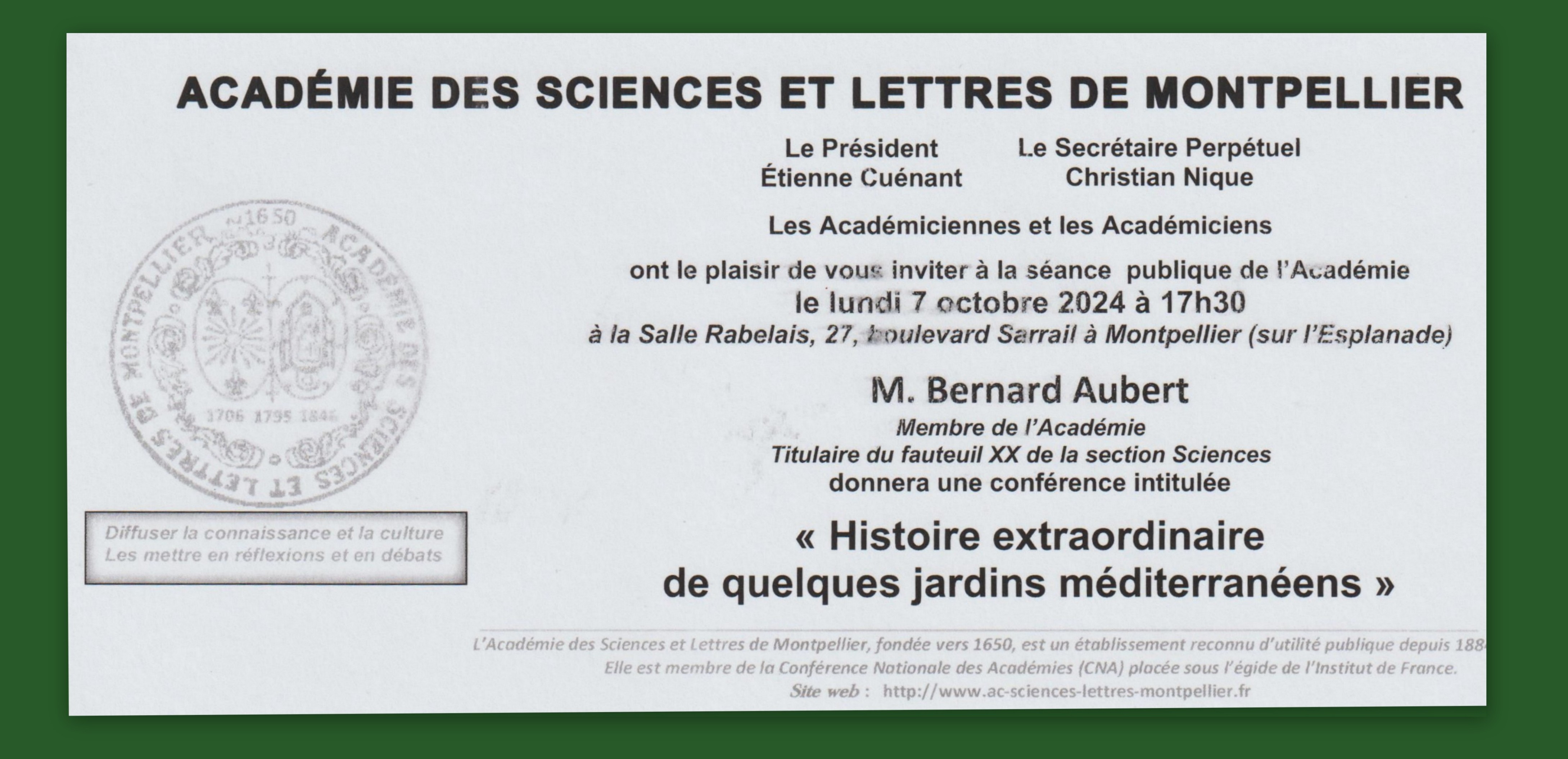 Histoire extraordinaire de quelques jardins méditerranéens. Conférence de Bernard Aubert, le 7 octobre 2024. Salle Rabelais